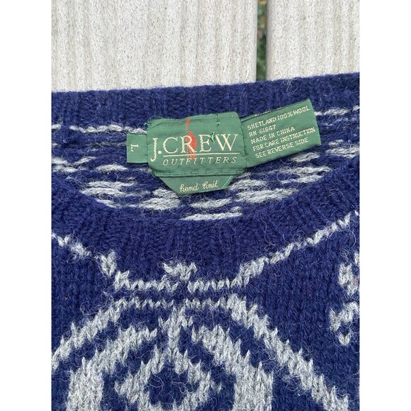 Vintage 1990s J.Crew Outfitters Hand Knit Shetland Wool Sweater Blue Gray L - Picture 4 of 13